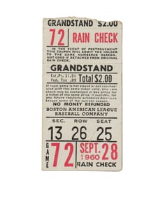 Ticket Stub for Ted Williams' Last Game As Boston Red Sox Player 1960