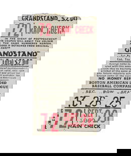 Ticket Stub for Ted Williams' Last Game As Boston Red Sox Player 1960: This is a used ticket stub to get into Fenway Park for Ted Williams' last game as a major league baseball player, and it's noteworthy because Ted Williams hit a home run in his last at-bat of