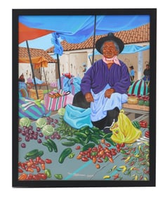 Tom Stedman (20th/21st Century) Oil on Canvas Market Scene, "Bolivian Pepper Seller"