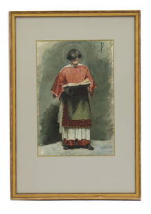 Attributed to Benjamin Brown (1865-1942), American, An Acolyte Reading a Book Watercolor on Paper: Attributed to Benjamin Brown (1865-1942), American, An Acolyte Reading a Book Watercolor on Paper. Condition as pictured. Provenance: Private collection: North California. Overall Size: 23 1/4 x 16 in