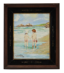 William Relfe (1896-?) American, Oil on Canvas of Children Wading at the Beach
