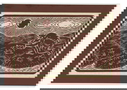 Dietrich Varez (1939-2018), Hawaii Woodblock Print: Dietrich Varez (1939-2018), Hawaii Woodblock Print. Pencil signed, titled, and dated 1987. Titled, "Puako", showing the sstone carvings of petroglyphs, carved 2000 years ago in Hawaii.