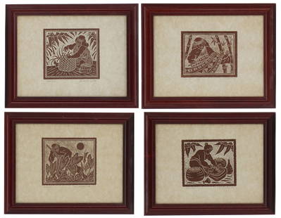 (4) Dietrich Varez Four Hawaiian Woodblock Prints: (4) Dietrich Varez Four Hawaiian Woodblock Prints. Signed and dated. Ku'i Poi, Ulana, Kapa, and Kalo. Dietrich Varez (1939-2018), is known for scenes of Hawaiian mythology and traditional Ha