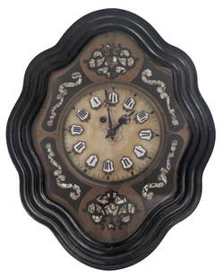 Antique 19th C. French Napoleon III Mother of Pearl Inlay & Enamel Wall Clock: Antique 19th C. French Napoleon III Mother of Pearl Inlay &amp; Enamel Wall Clock. Beautiful ebonized wood multi tiered border.&nbsp;