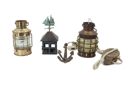 Group of 4 Nautical Items Including Hoist, Lanterns, Weathervane