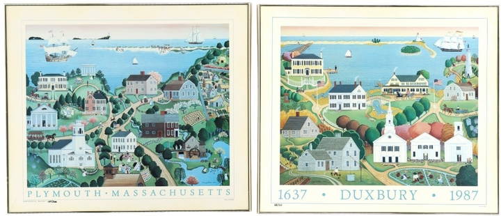 A Pair of Vintage Posters of Historic New England Towns by Marie Fox: A Pair of Vintage Posters of Historic New England Towns by Marie Fox. Views of Duxbury and Plymouth, Massachusetts Harbors. Marie Fox was known for her "sophisticated" naive style. Cond