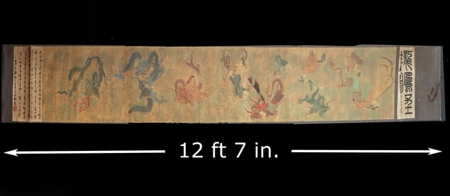 Long Chinese Painted Silk Scroll, Auspicious Dragon and Phoenix
