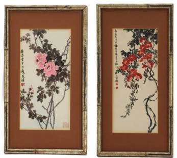 (2) Vintage Chinese Floral Watercolor Painting: (2) Vintage Chinese Floral Watercolor Painting . Pair of Chinese watercolor on silk floral paintings with verse on left. In faux bamboo frames.&nbsp; Chinese watercolors are a central tradition in Chi
