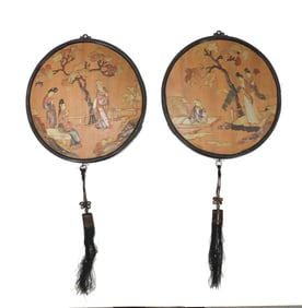 A Pair of Chinese Qing Dynasty Lacquered Wood and Soapstone Inlaid Circular Screen Panels