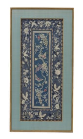 Chinese Blue Silk Embroidery of Butterflies and Flowering Branches