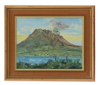 Japanese Signed 1979 Oil on Board Painting of Sakurajima Volcano at Dawn