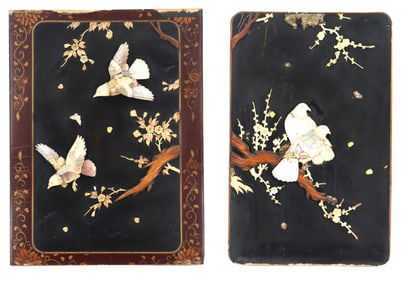 (2) Japanese Meiji Period Shibayama Carved Wood Inlaid Stone and Lacquered Panels