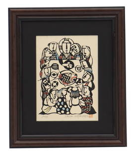 Sadao Watanabe (1913-1996) Japanese, "The Last Supper" Woodblock Print: Sadao Watanabe (1913-1996) Japanese, &quot;The Last Supper&quot; Woodblock Print.&nbsp;Depicts Jesus and the disciples partaking of the famous final meal together in the Japanese mingei (folk art) sty