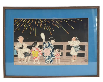 Hasegawa Sadanobu III (1881–1963) Japanese, Woodblock Print Children Watching Fireworks