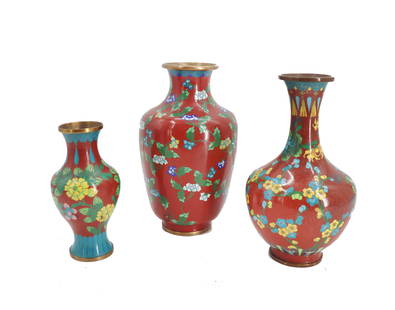 Three Chinese Cloisonne Vases: Three Chinese Cloisonne Vases.&nbsp;Condition as pictured. &nbsp; Largest: 5 1/2 x 5 1/2 x 9 1/2&nbsp;in.
