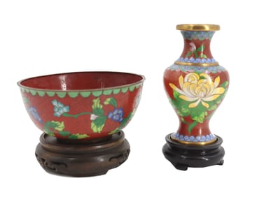 Chinese Cloisonne Vase and Bowl, Both with Stands