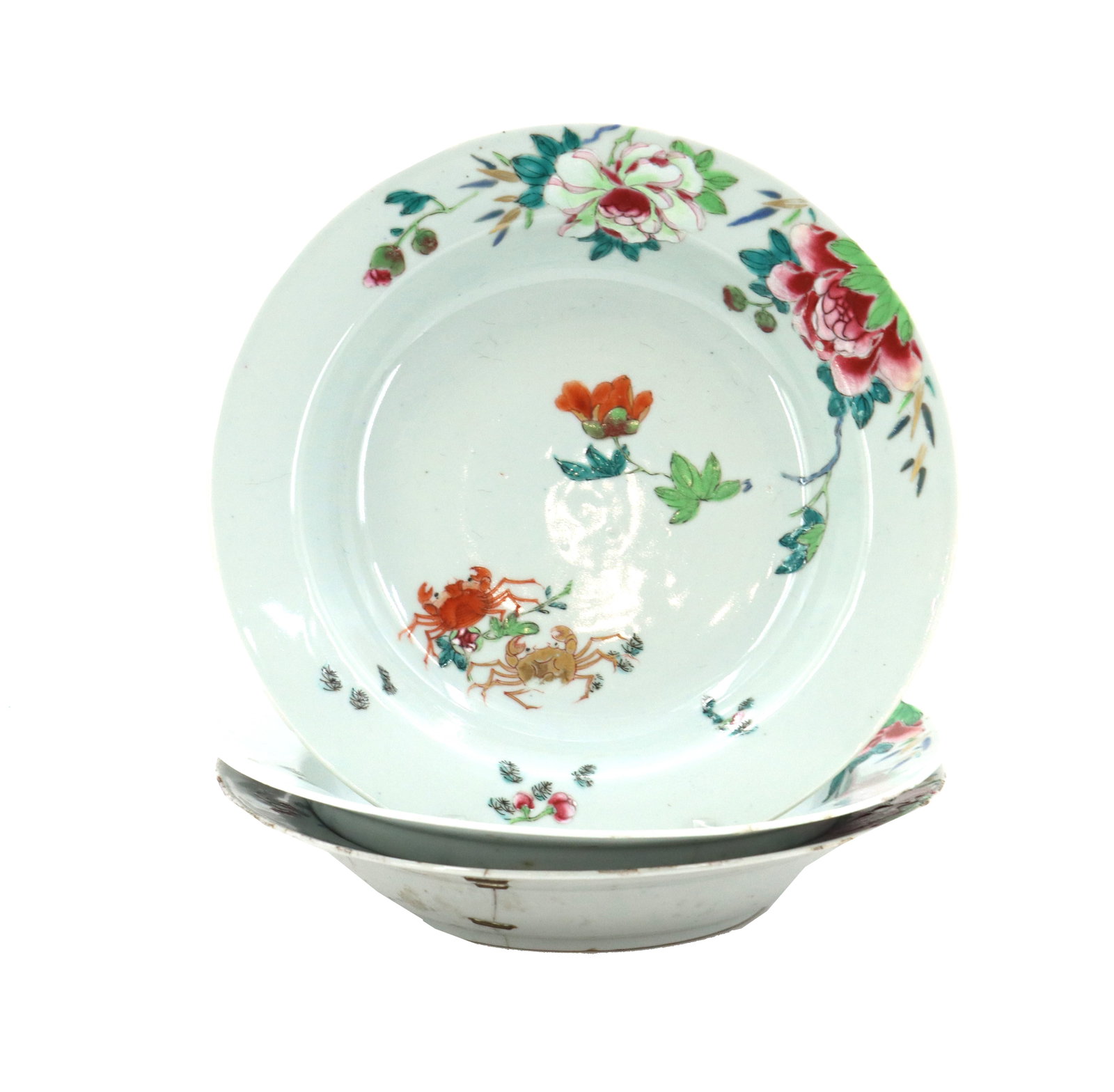 (3) 18th Century Chinese Famille Rose Soup Plates: (3) 18th Century Chinese Famille Rose Soup Plates. Asymmetrical motif with crabs and peonies. Unmarked. Condition as pictured. One having old repairs. Size: -9 x 1 1/2 in.