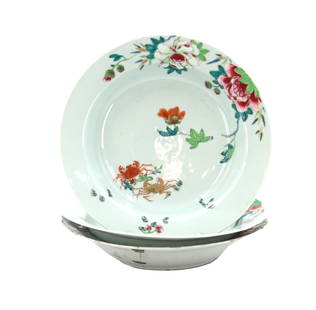 (3) 18th Century Chinese Famille Rose Soup Plates: (3) 18th Century Chinese Famille Rose Soup Plates. Asymmetrical motif with crabs and peonies. Unmarked. Condition as pictured. One having old repairs. &nbsp; Size: -9 x 1 1/2 in.