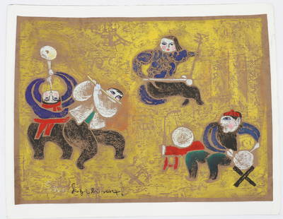 Chinese Oil on Canvas Board Folk Art Painting: Chinese Oil on Canvas Board Folk Art Painting. Folk art painting depicting a group of four playing traditional instruments. Stylized figures against a variegated gold field. Signed illegibly lower lef