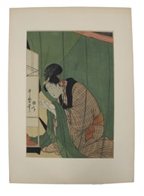 Kitagawa Utamaro Japanese Woodblock Print of a Woman Reading a Letter Under a Mosquito Net