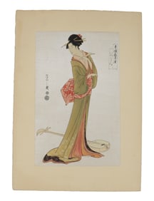 Hosada Eishi Japanese Woodblock Print of a Courtesan with Shamisen