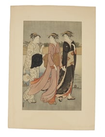 Torii Kiyonaga Japanese Woodblock Print of Women Strolling Near a River