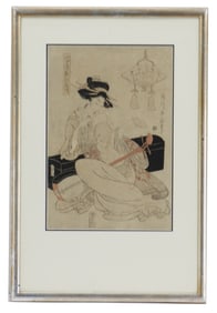 Kikukawa Eizan (1787-1867) Japanese, Woodblock Print of a Courtesan with a Shamisen