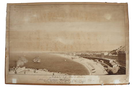 Paolo Emilio Barberi (1775–1847) Italian, Watercolor on Paper Landscape View of the Gulf and City: Paolo Emilio Barberi (1775–1847) Italian, Watercolor on Paper Landscape View of the Gulf and City of Nice. Tinted watercolor illustration overlooking the bay outside of the town of Nice. Titled