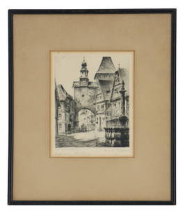 Ernst Gustav Zipperer (1888–1982) German, Cityscape Architectural Landscape Etching "Regensberg,: Ernst Gustav Zipperer (1888–1982) German, Cityscape Architectural Landscape Etching "Regensberg, Rothsburger". Etching print of a well-known street in Regensberg, Rothsburger. Titled l