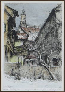 Paul Geissler (1881–1965) German, Architectural Landscape Etching of Rothenburg: Paul Geissler (1881&ndash;1965) German, Architectural Landscape Etching of Rothenburg. Colored etching of a snowy street in Rothensburg. Signed lower left, dated 1921. Titled lower left and attributed