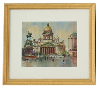 Framed Watercolor Painting of St. Isaac's Cathedral in Russia