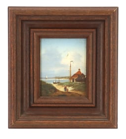 Small Oil on Board Landscape Painting of a Fishing Town