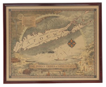 Victor G. Becker (20th Century) American, Lithograph Print Map of the Indian Tribes of Long Island