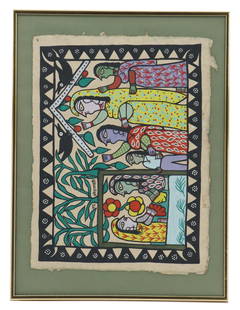Colorful Madhubani Indian Folk Art Painting: Colorful Madhubani Indian Folk Art Painting. Signed/titled left center. Natural pigment on handmade paper.&nbsp; Condition as pictured. Overall Size:&nbsp;18 1/2 x 24 1/2 in. Sight Size: 19 3/4 x 15 i