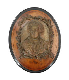 Louise Astoud-Trolley (1817–1883) French, Mounted Bronze Plaque of Beethoven: Louise Astoud-Trolley (1817&ndash;1883) French, Mounted Bronze Plaque of Beethoven. Bronze plaque of Ludwig van Beethoven on ovoid wooden wall display. Incise signature on right side under laurel wrea