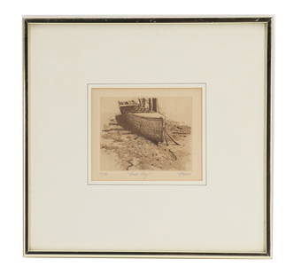 Dale Rayburn (born 1942) American, Etching Print "Back Bay": Dale Rayburn (born 1942) American, Etching Print &quot;Back Bay&quot;. Etching print of a beached boat. Signed lower right. Titled middle bottom. Numbered lower left, 51/90. Framed. Overall Size:&nbsp