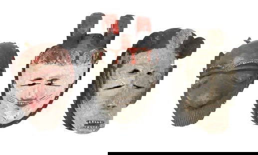 (3) Wooden Tribal Style Masks: (3) Wooden Tribal Style Masks.&nbsp; Reddish-brown mask with beard. White and black mask with red horns. Greyish-white mask with black headdress.&nbsp; Condition:&nbsp;Commensurate with age.&nbsp; Siz