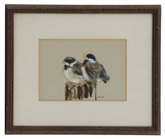 Signed Sharon (20th Century) Watercolor Illustration of Finches