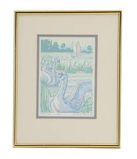 Kurtis N. Thomas (Born 1955) American, Wildlife Serigraph Print "The River": Kurtis N. Thomas (Born 1955) American, Wildlife Serigraph Print &quot;The River&quot;. Serigraph print depicting swans, titled The River, lower left. Numbered 32.100. Signed lower right. Framed. Overa