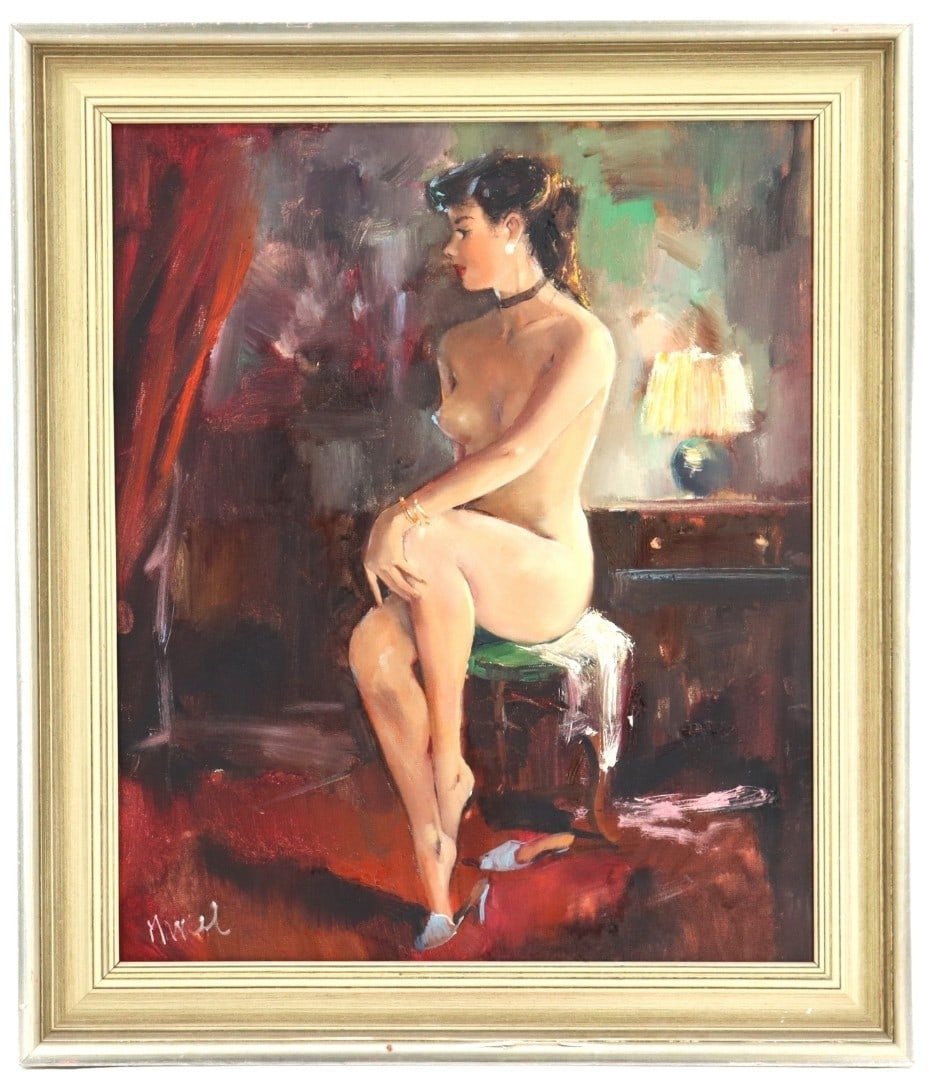 M. Will (20th Century) French, Elegant Oil on Canvas Nude Seated in a Boudoir: M. Will (20th Century) French, Elegant Oil on Canvas Nude Seated in a Boudoir. Signed. Condition as pictured. Overall Size: 24 1/2 x 28 1/2 in. Sight Size: 19 x 23 in. Frame Thickness: 2 1/