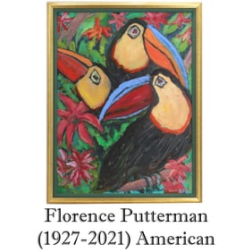 Florence Putterman (1927-2021) American, Tropical Painting of Toucans, Acrylic on Canvas