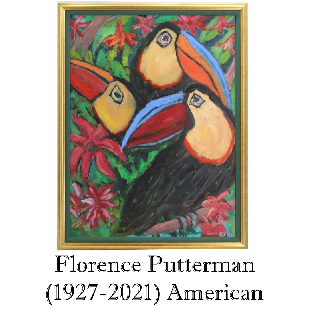 Florence Putterman (1927-2021) American, Tropical Painting of Toucans, Acrylic on Canvas (1 of 12)