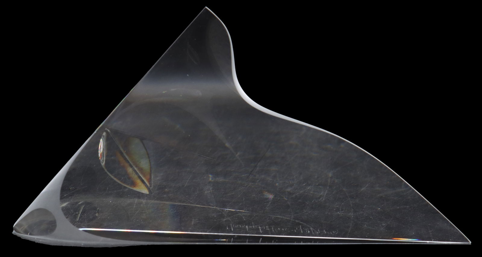 Christopher Ries (Born 1952) American, Abstract Art Glass Sculpture: Christopher Ries (Born 1952) American, Abstract Art Glass Sculpture. Etched signature near edge, dated 5/8/1997. Organic form art glass sculpture with thin triangular base. Size: 9 x 2 x 4 1/2 in. Ch