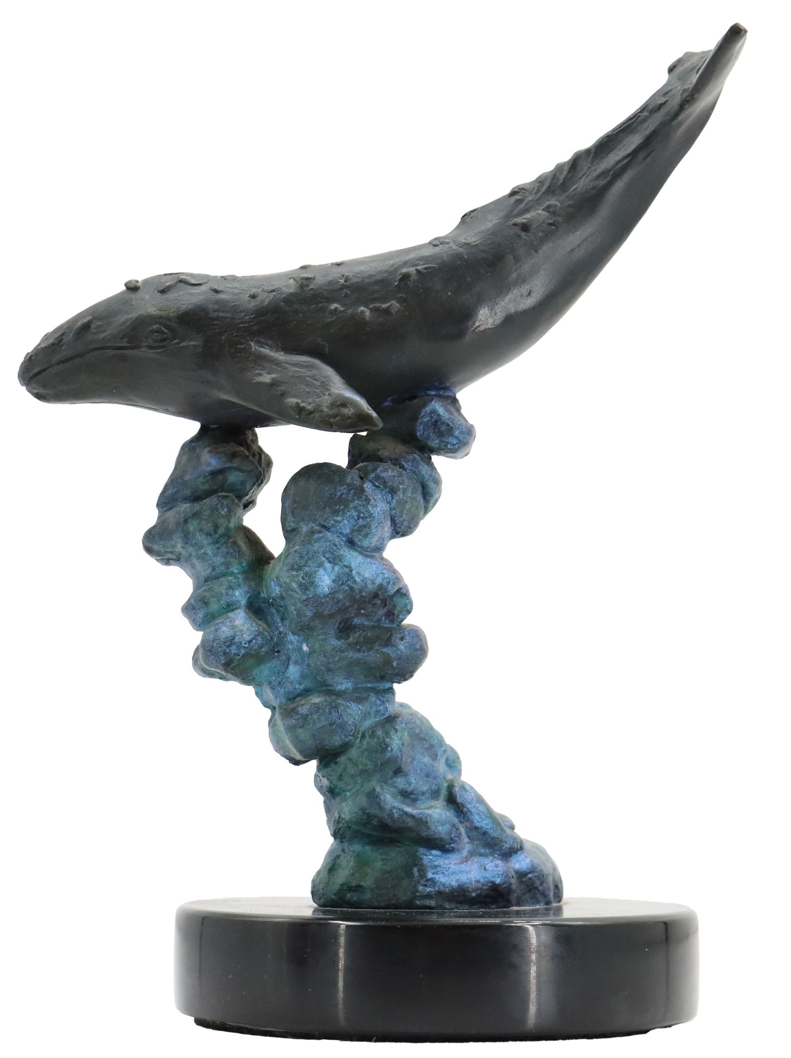 Robert Wyland (Born 1956) American, Bronze Humpback Whale AP Sculpture: Robert Wyland (Born 1956) American, Bronze Humpback Whale AP Sculpture. Signed and numbered on stand. 4/98. 1998. Depicts a humpback whale. Black round stone base. Condition: Good. P