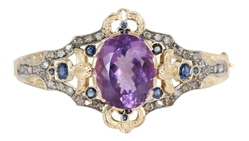 Rare 18K Yellow Gold Cuff Bracelet with Impressive Amethyst, Gross 39 g.