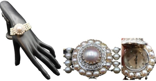 Marked 585 (14k) Gold, Diamond, and Cultured Pearl Lucien Piccard. Watch - Gross 43.8 g.