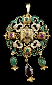 Tested 18k Gold, Emerald, Diamond, Ruby, and Enamel Brooch/Pendant - Gross 20.1 g.