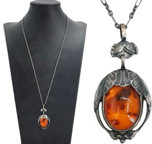 Georg Jensen Sterling and Amber Pendant Necklace - Gross 0.665 ozt.