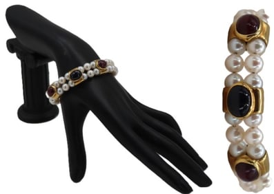 Marked 750 (18k) Gold, Pearl, Ruby, and Sapphire Bracelet - Gross 37.9 g.