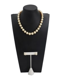 14k Gold Clasp Pearl Necklace and 14k Gold Stud Earrings with Diamonds